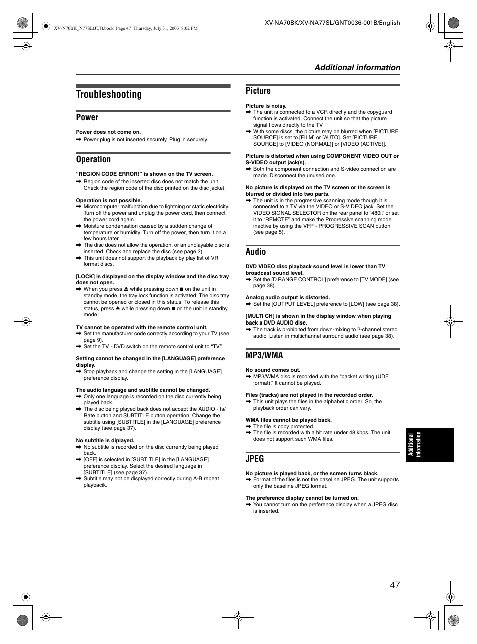 Troubleshooting, Power, Operation | Picture, Audio, Mp3/wma, Jpeg, Additional information | JVC XV-NA70BK User Manual | Page 49 / 66