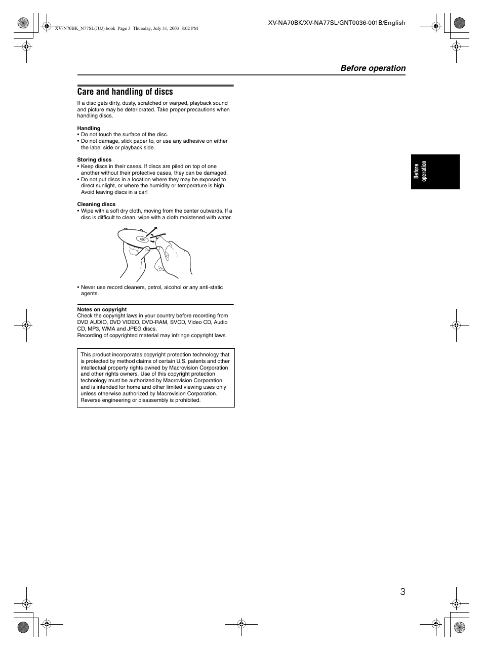 Care and handling of discs, Before operation | JVC XV-NA70BK User Manual | Page 5 / 66