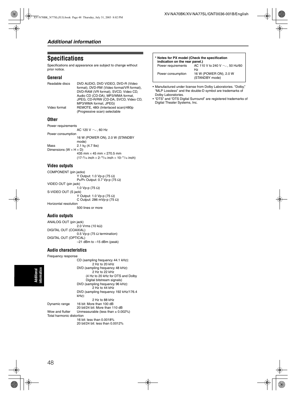 Specs, Specifications, Additional information | General, Other, Video outputs, Audio outputs, Audio characteristics | JVC XV-NA70BK User Manual | Page 50 / 66