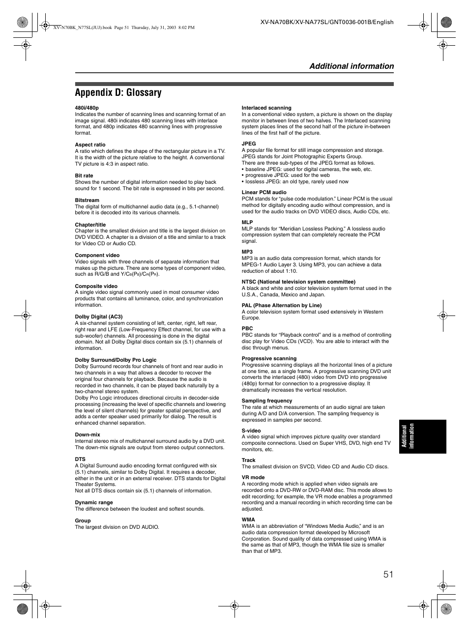 Glossary, Appendix d: glossary, Additional information | JVC XV-NA70BK User Manual | Page 53 / 66