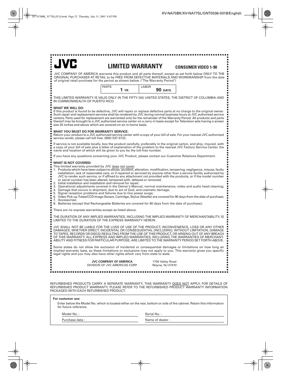 Warranty, Limited warranty | JVC XV-NA70BK User Manual | Page 54 / 66