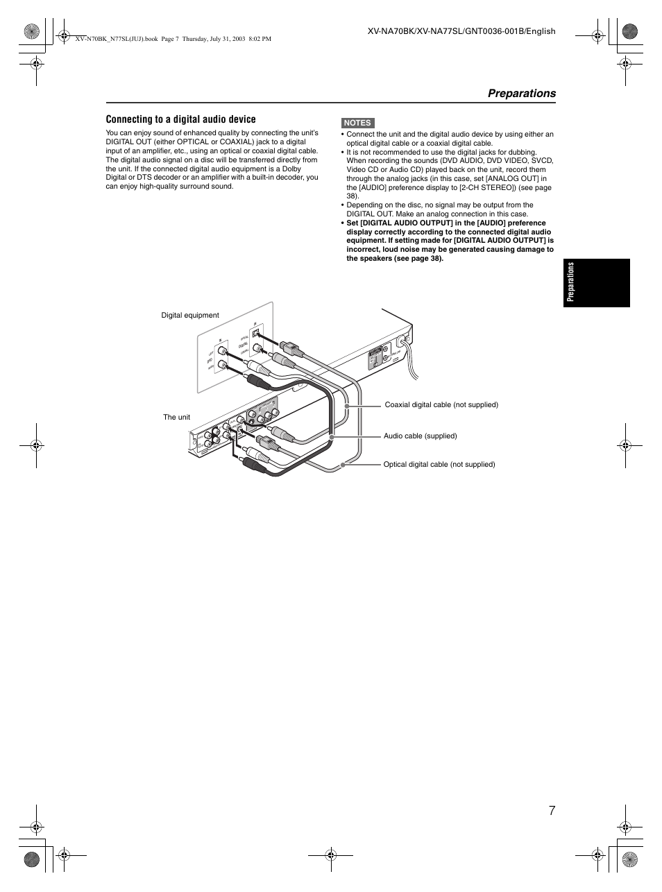 Preparations, Connecting to a digital audio device | JVC XV-NA70BK User Manual | Page 9 / 66