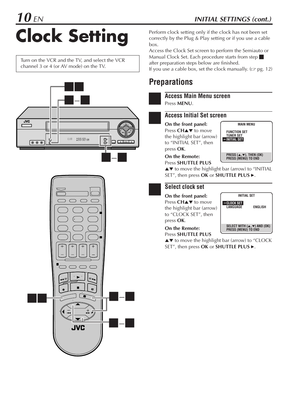 Clock setting, Preparations, Initial settings (cont.) | JVC HR-A56U User Manual | Page 10 / 44