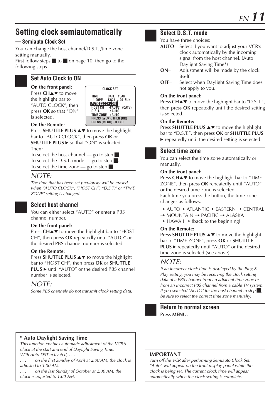 Setting clock semiautomatically | JVC HR-A56U User Manual | Page 11 / 44