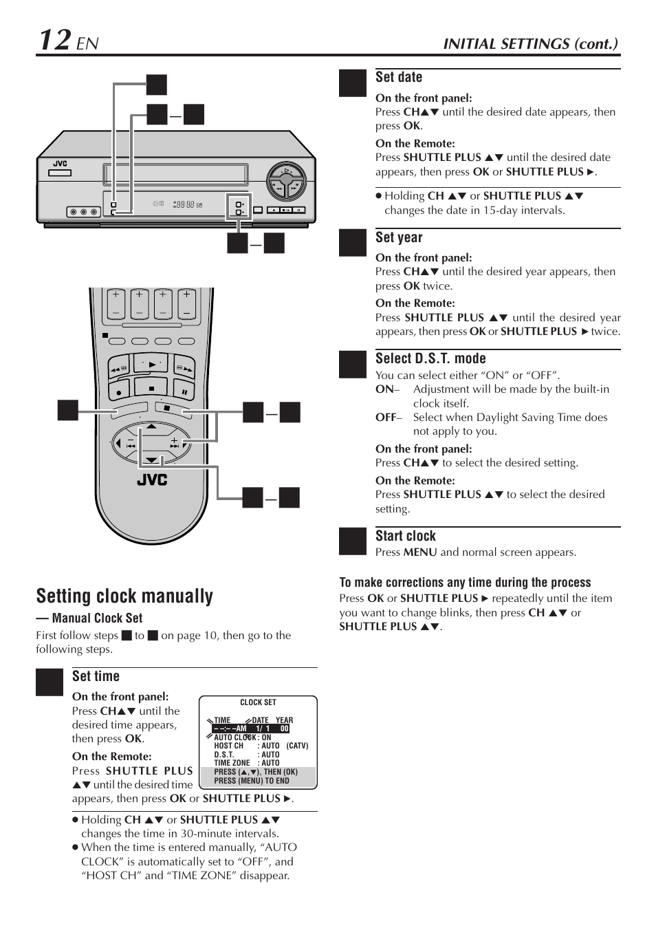 Setting clock manually, Initial settings (cont.) | JVC HR-A56U User Manual | Page 12 / 44
