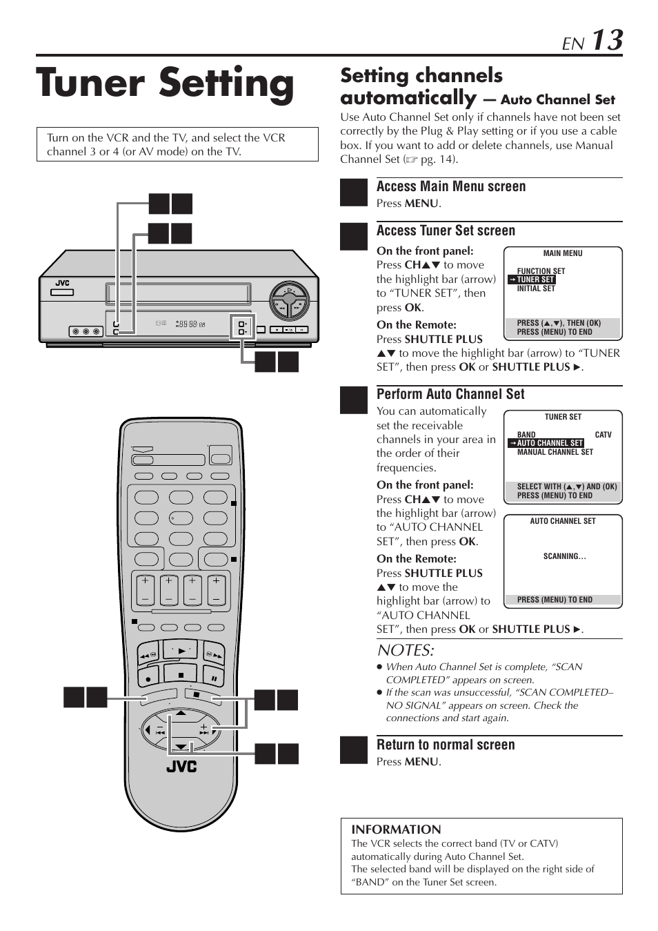 Tuner setting, Setting channels automatically | JVC HR-A56U User Manual | Page 13 / 44
