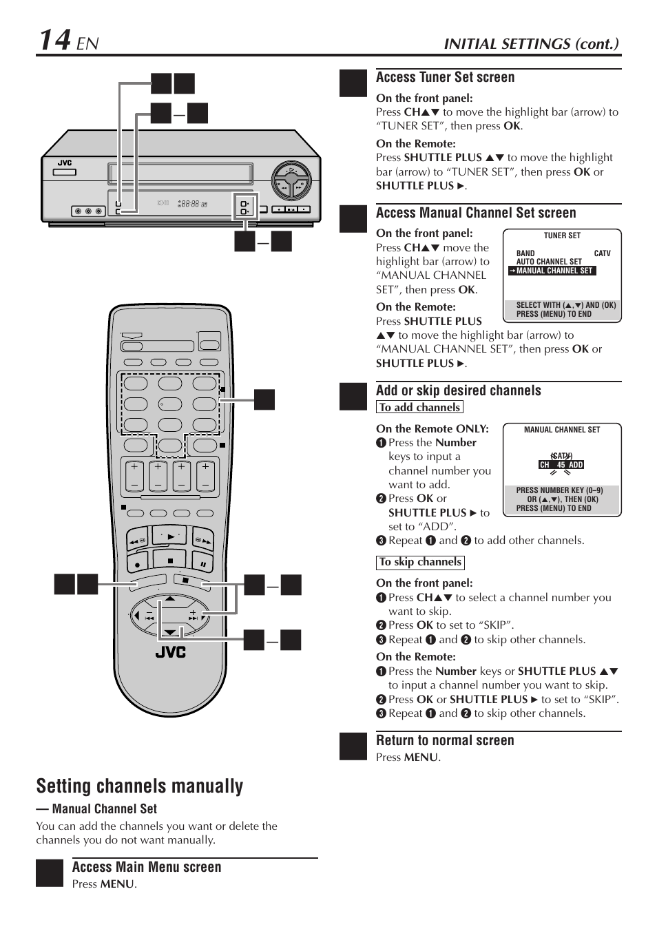 Setting channels manually, Initial settings (cont.) | JVC HR-A56U User Manual | Page 14 / 44