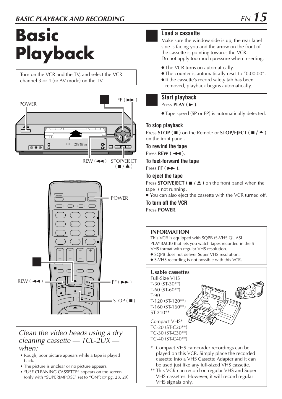 Basic playback, Basic playback and recording | JVC HR-A56U User Manual | Page 15 / 44