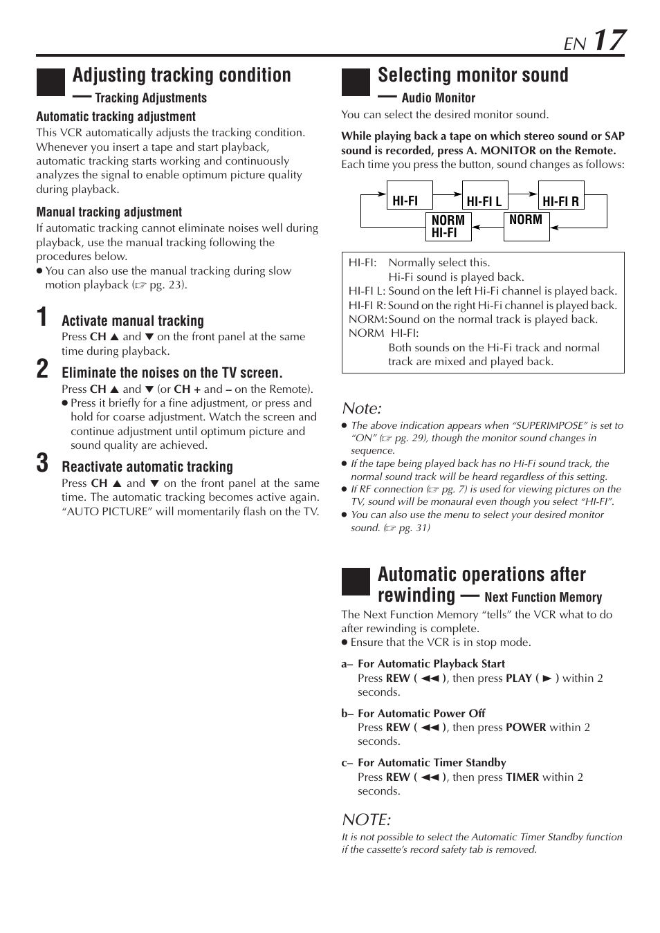 Adjusting tracking condition, Automatic operations after rewinding, Selecting monitor sound | JVC HR-A56U User Manual | Page 17 / 44