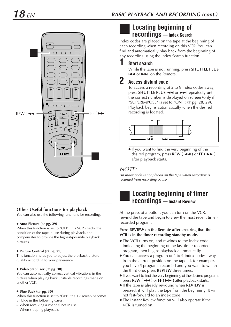 Locating beginning of recordings, Locating beginning of timer recordings, Basic playback and recording (cont.) | JVC HR-A56U User Manual | Page 18 / 44