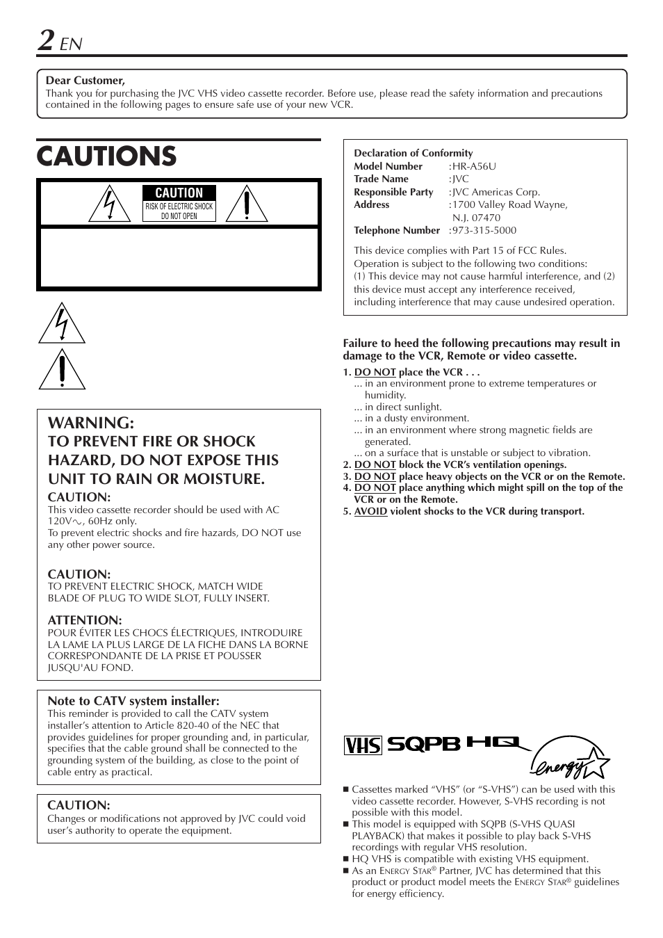 Cautions, Warning | JVC HR-A56U User Manual | Page 2 / 44