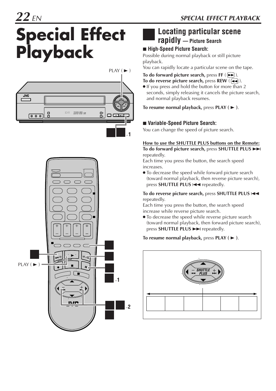 Bc d, Locating particular scene rapidly, Special effect playback | JVC HR-A56U User Manual | Page 22 / 44