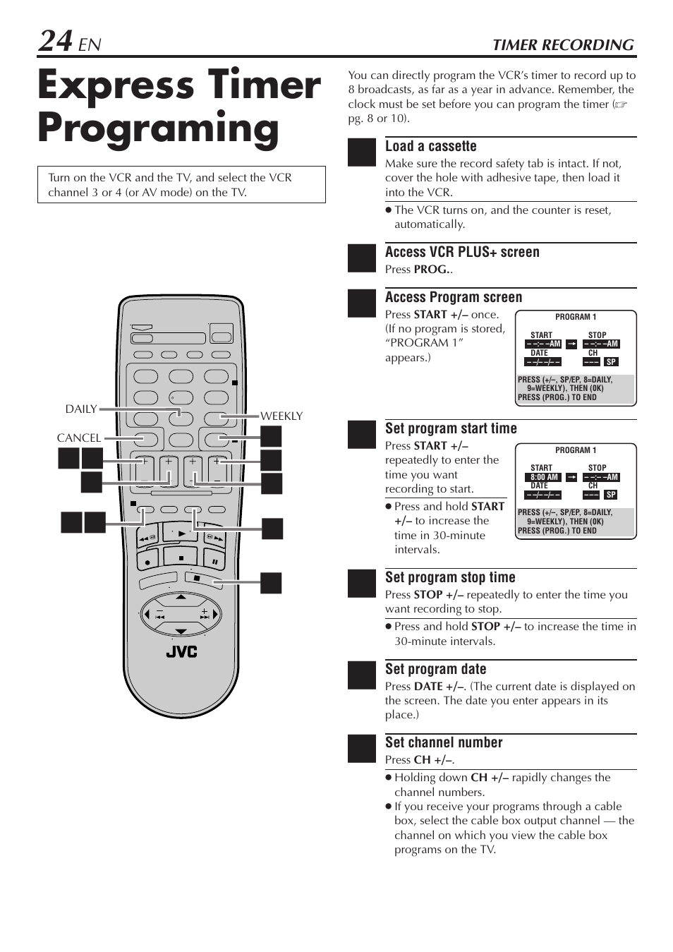 Express timer programing | JVC HR-A56U User Manual | Page 24 / 44