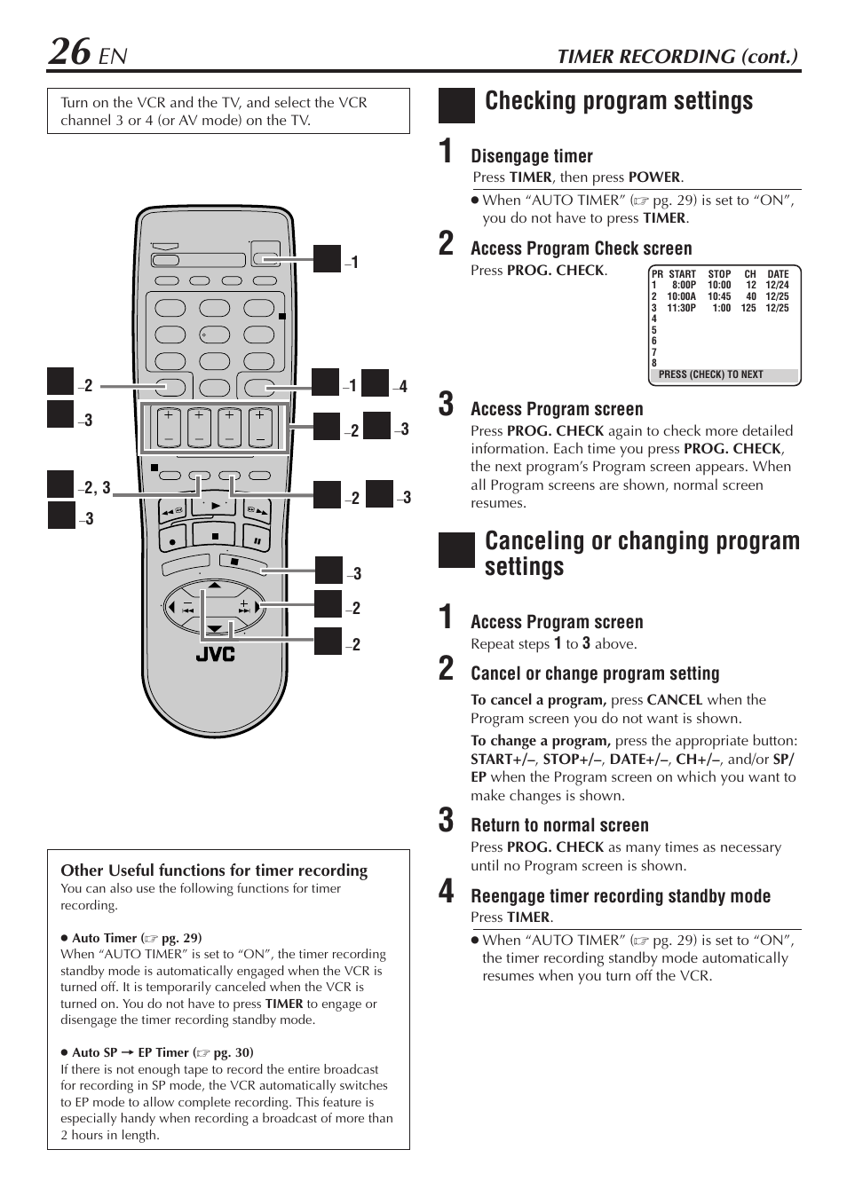 Checking program settings, Canceling or changing program settings | JVC HR-A56U User Manual | Page 26 / 44