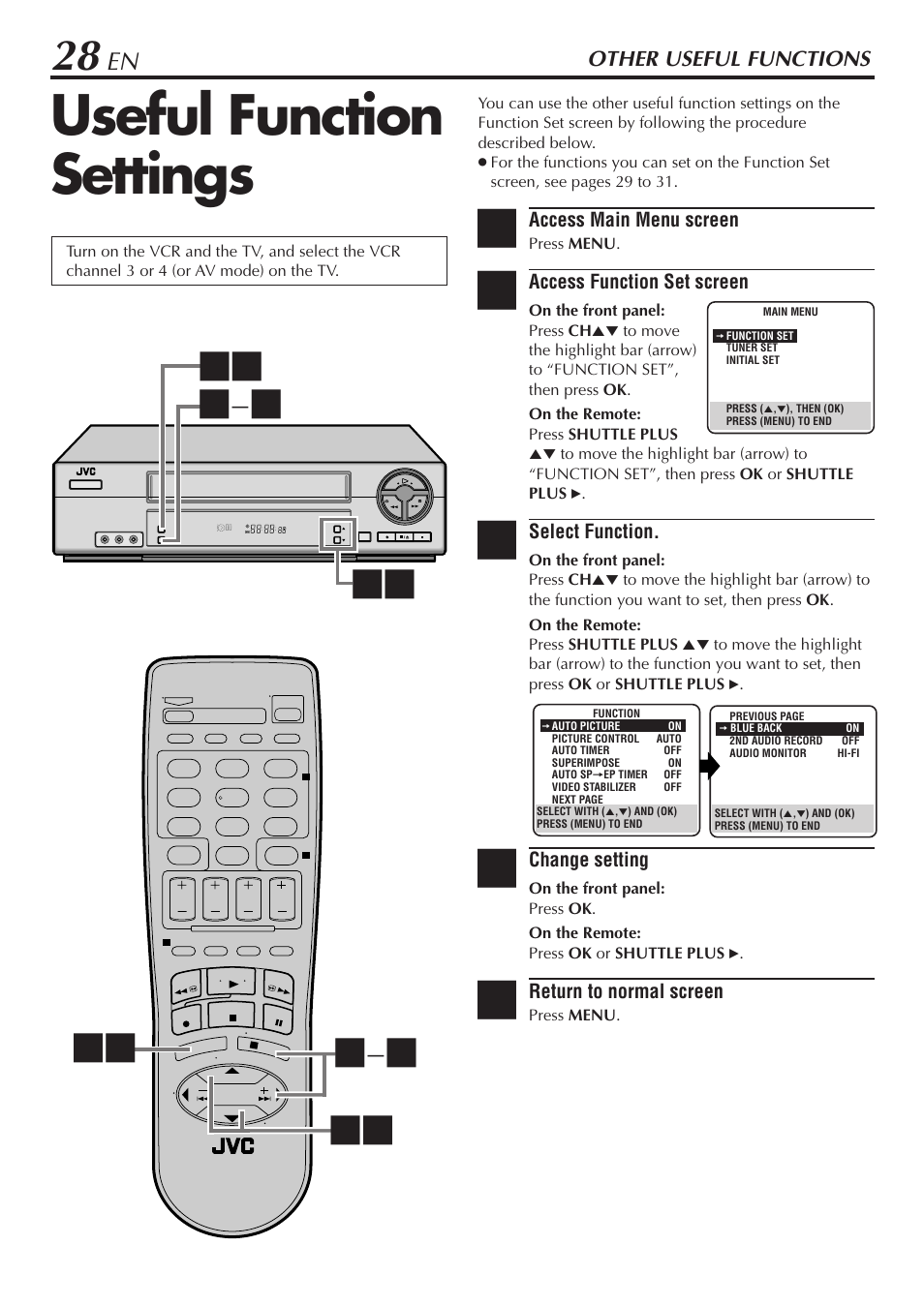 Useful function settings, Other useful functions | JVC HR-A56U User Manual | Page 28 / 44