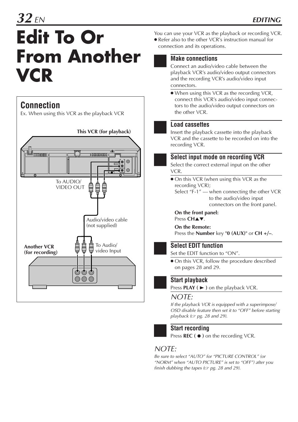 Edit to or from another vcr, Connection | JVC HR-A56U User Manual | Page 32 / 44