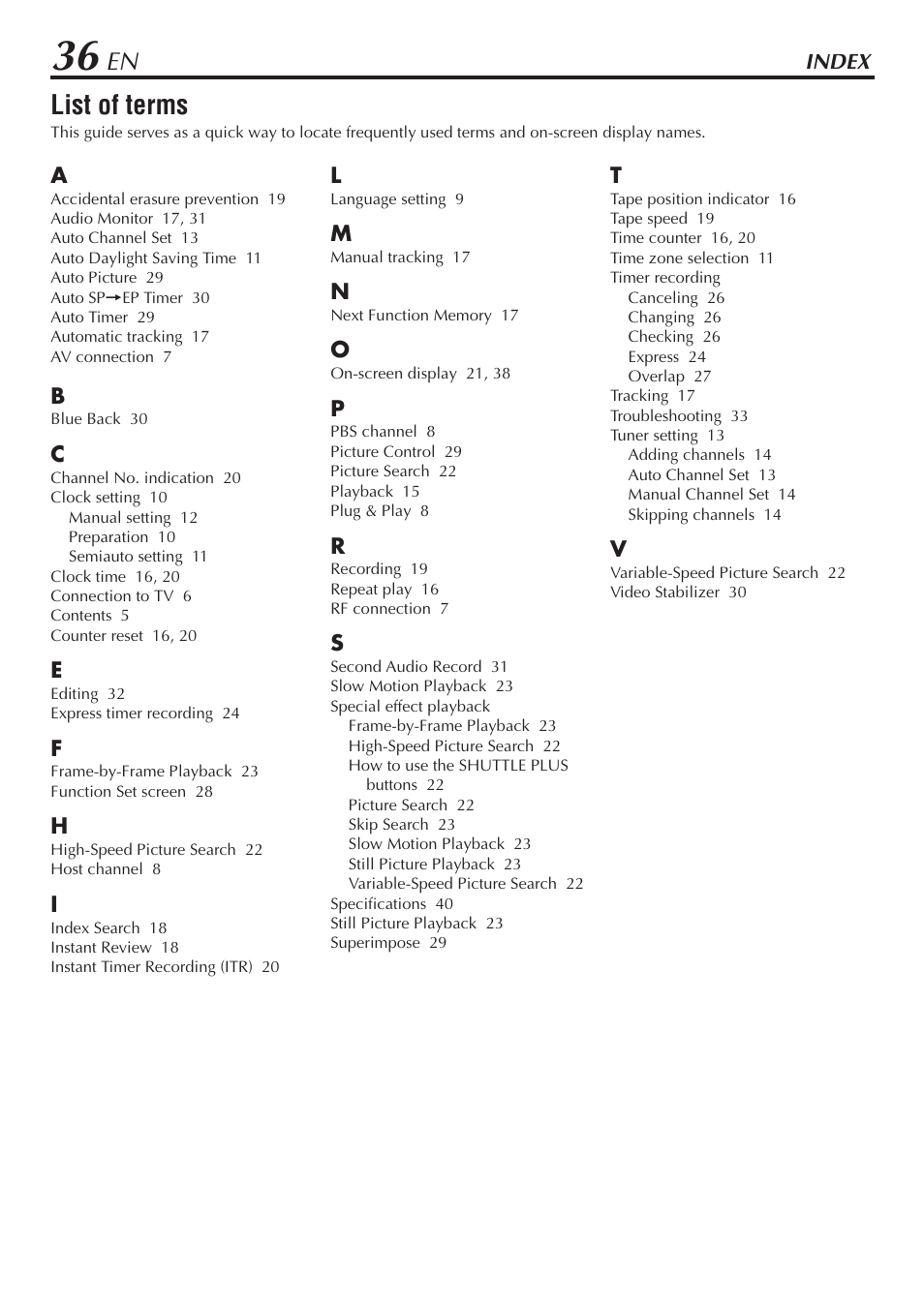 List of terms | JVC HR-A56U User Manual | Page 36 / 44