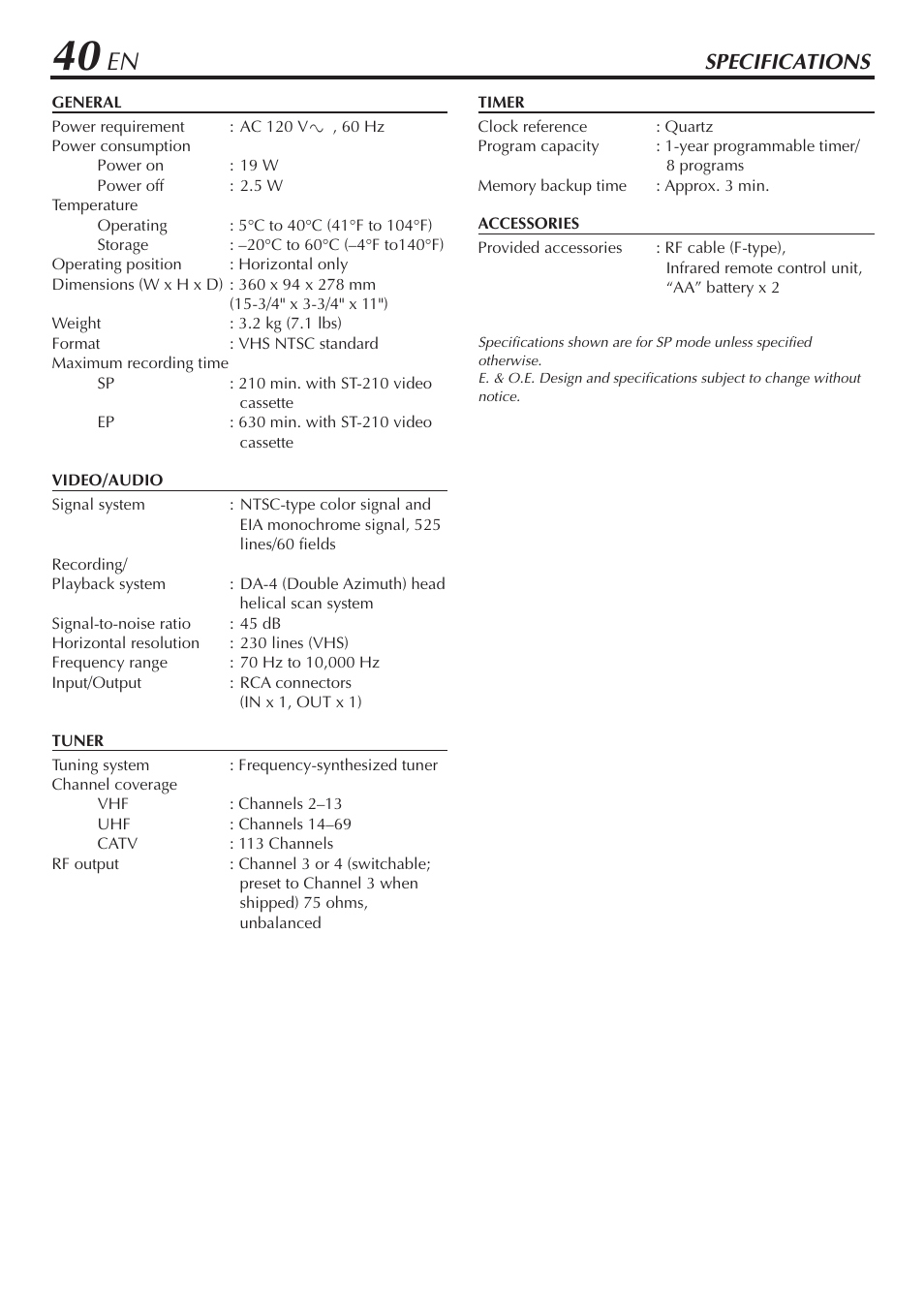 Specifications | JVC HR-A56U User Manual | Page 40 / 44