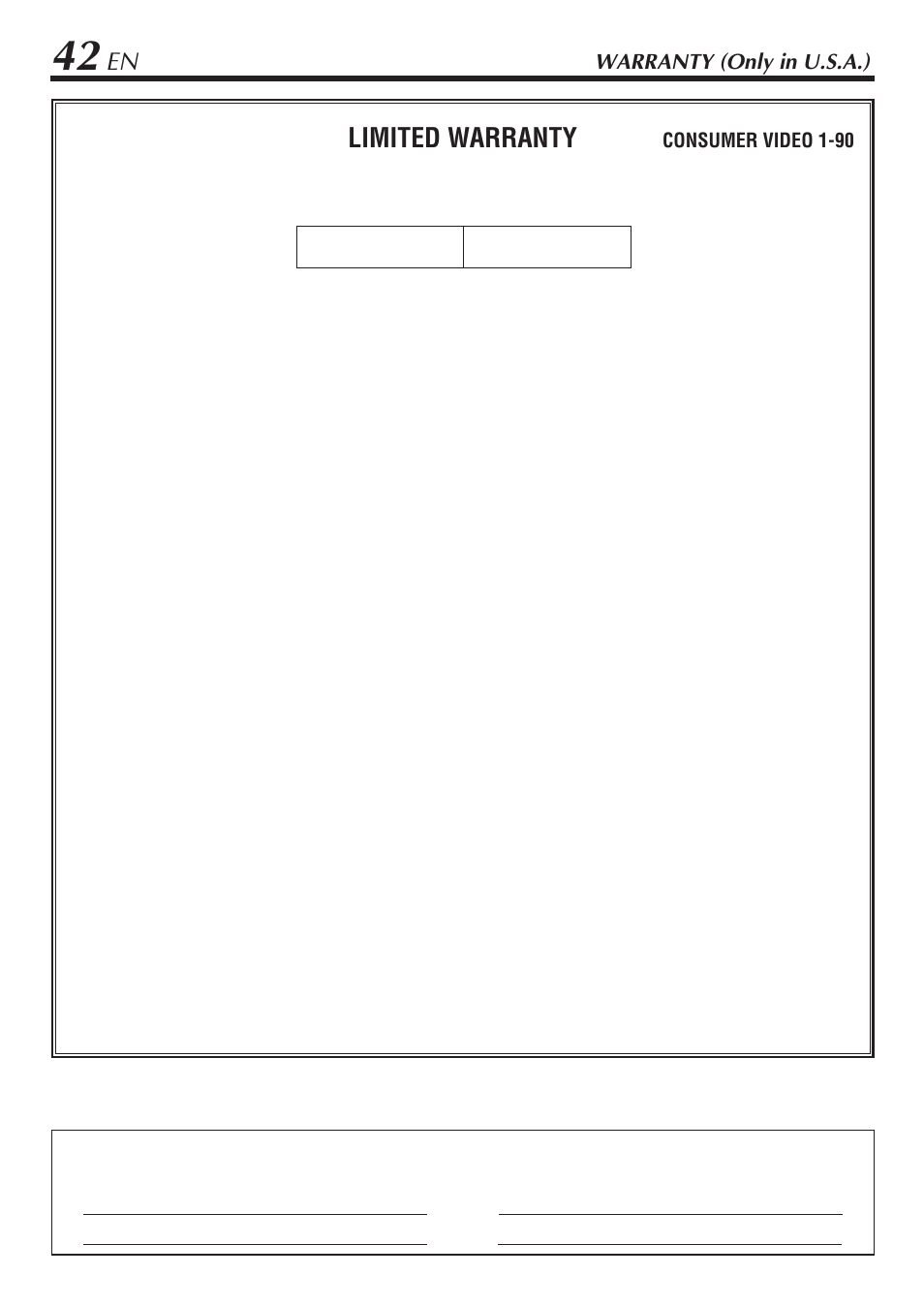 Limited warranty, Warranty (only in u.s.a.), Consumer video 1-90 | JVC HR-A56U User Manual | Page 42 / 44