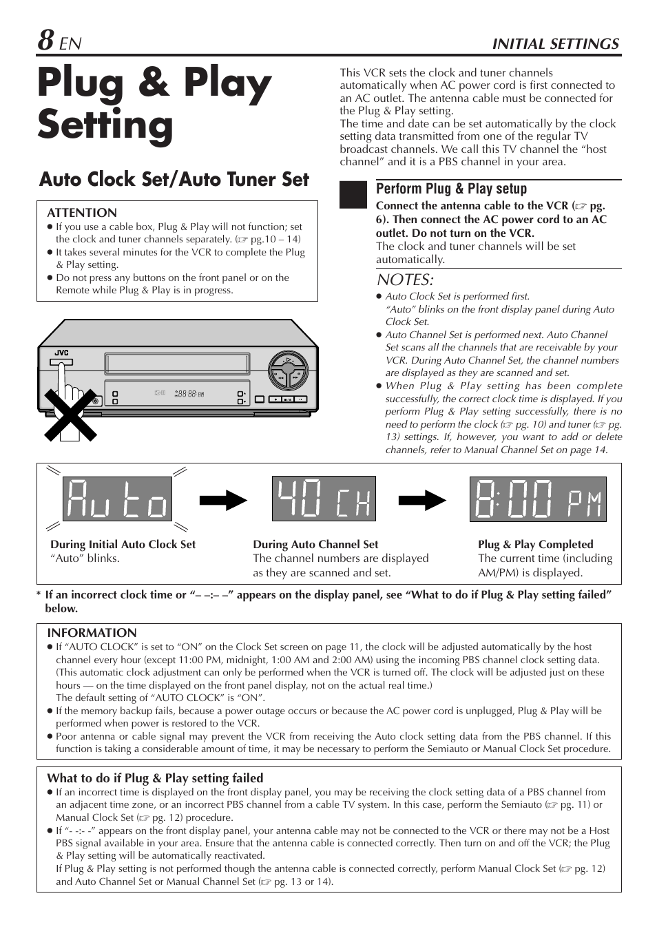 Plug & play setting, Auto clock set/auto tuner set, Initial settings | Perform plug & play setup | JVC HR-A56U User Manual | Page 8 / 44