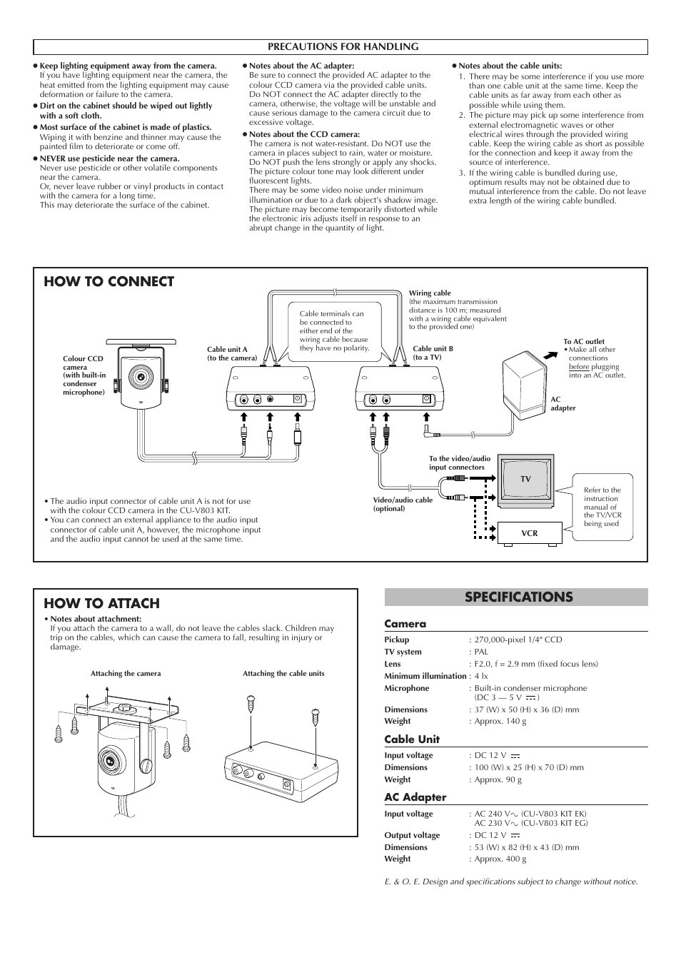 Specifications, How to connect how to attach, English | Camera, Cable unit, Ac adapter, Precautions for handling | JVC CU-V803 User Manual | Page 2 / 8