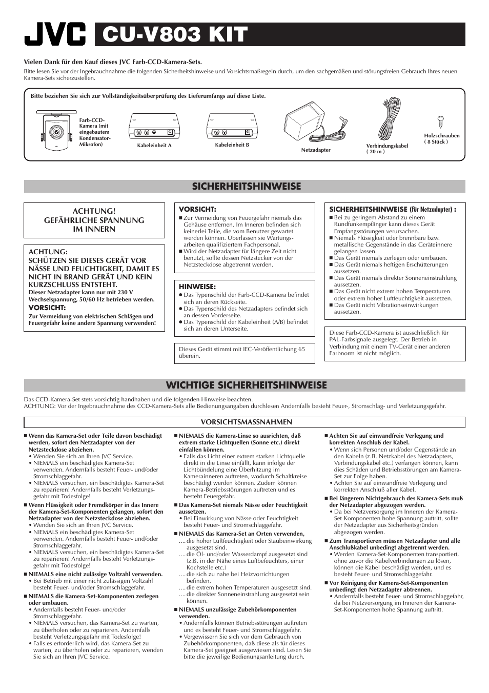 Cu-v803 kit, Sicherheitshinweise wichtige sicherheitshinweise | JVC CU-V803 User Manual | Page 3 / 8