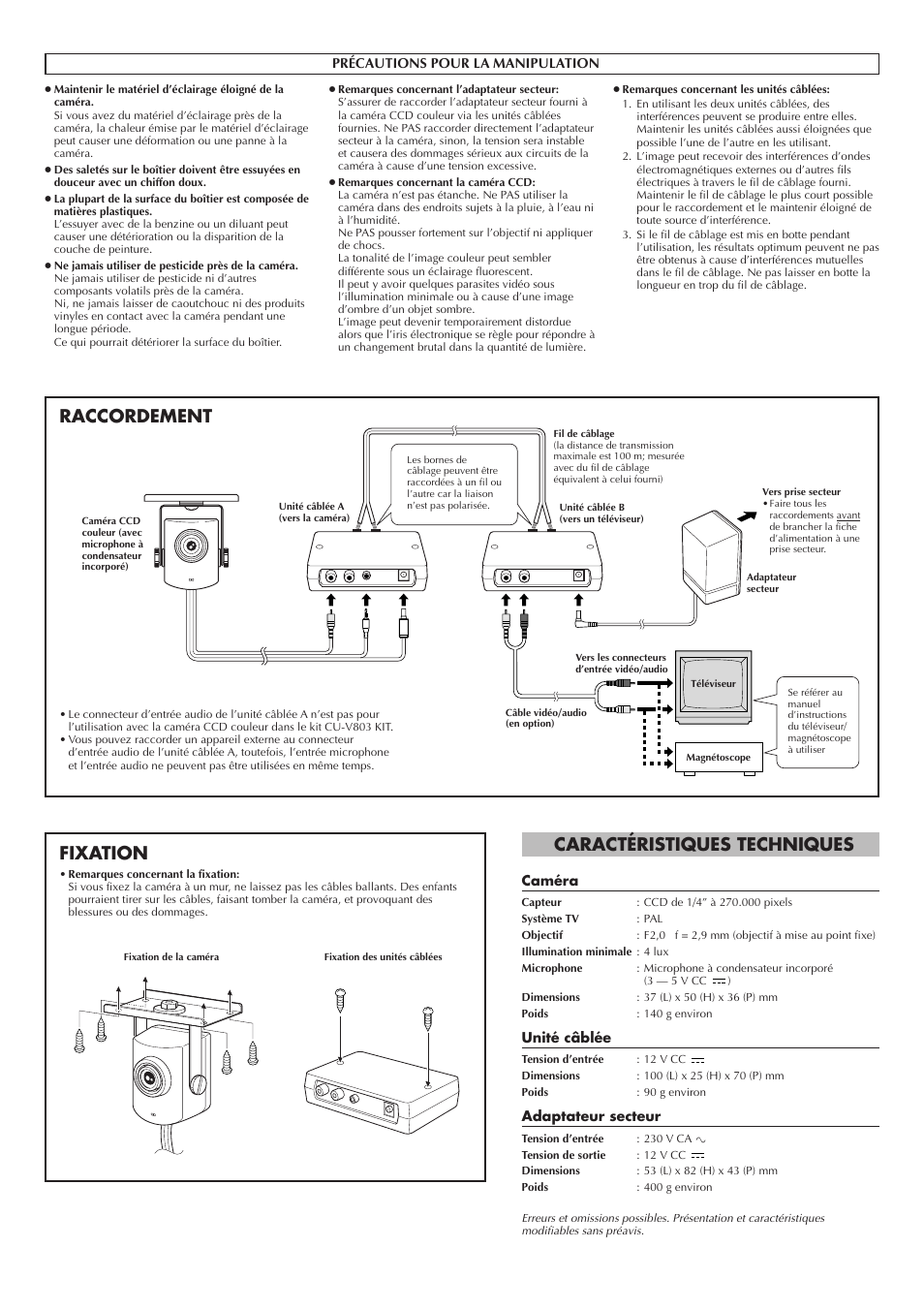 Caractéristiques techniques, Raccordement fixation, Français | Caméra, Unité câblée, Adaptateur secteur, Précautions pour la manipulation | JVC CU-V803 User Manual | Page 6 / 8