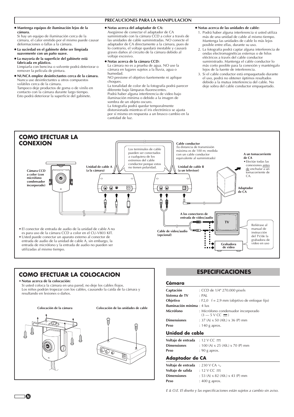 Especificaciones, Castellano | JVC CU-V803 User Manual | Page 8 / 8