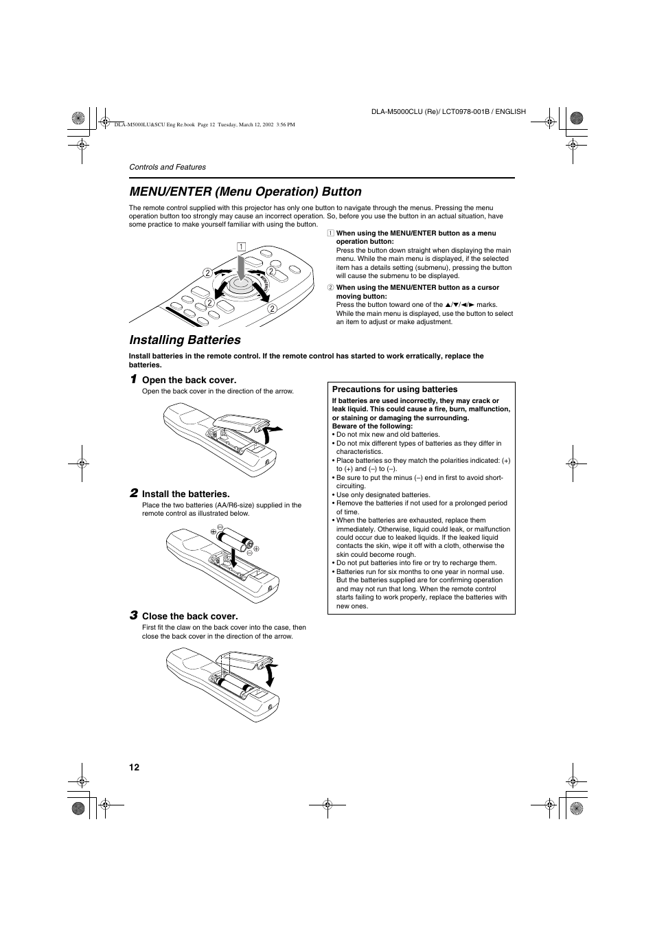 Menu/enter (menu operation) button, Installing batteries | JVC DLA-M5000LU User Manual | Page 12 / 68