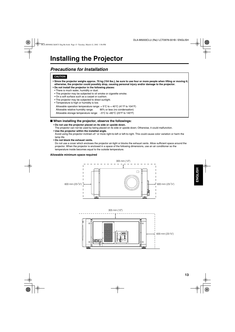 Installing the projector, Precautions for installation | JVC DLA-M5000LU User Manual | Page 13 / 68