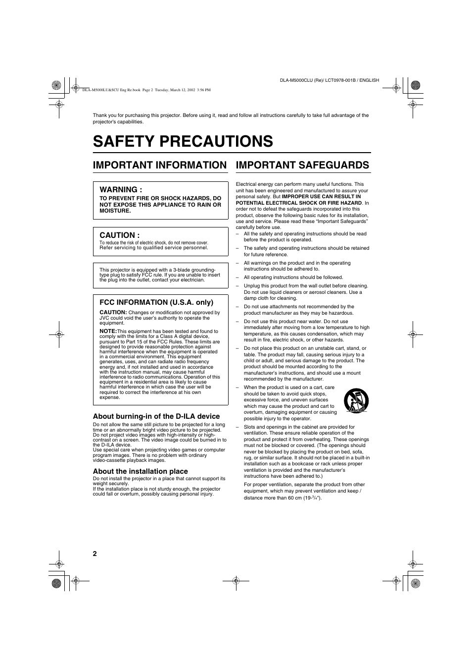 Safety precautions, Important information, Important safeguards | Warning, Caution | JVC DLA-M5000LU User Manual | Page 2 / 68