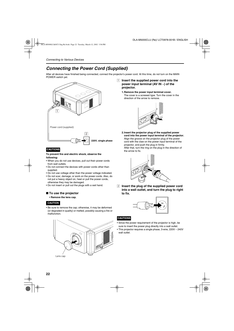 Connecting the power cord (supplied) | JVC DLA-M5000LU User Manual | Page 22 / 68