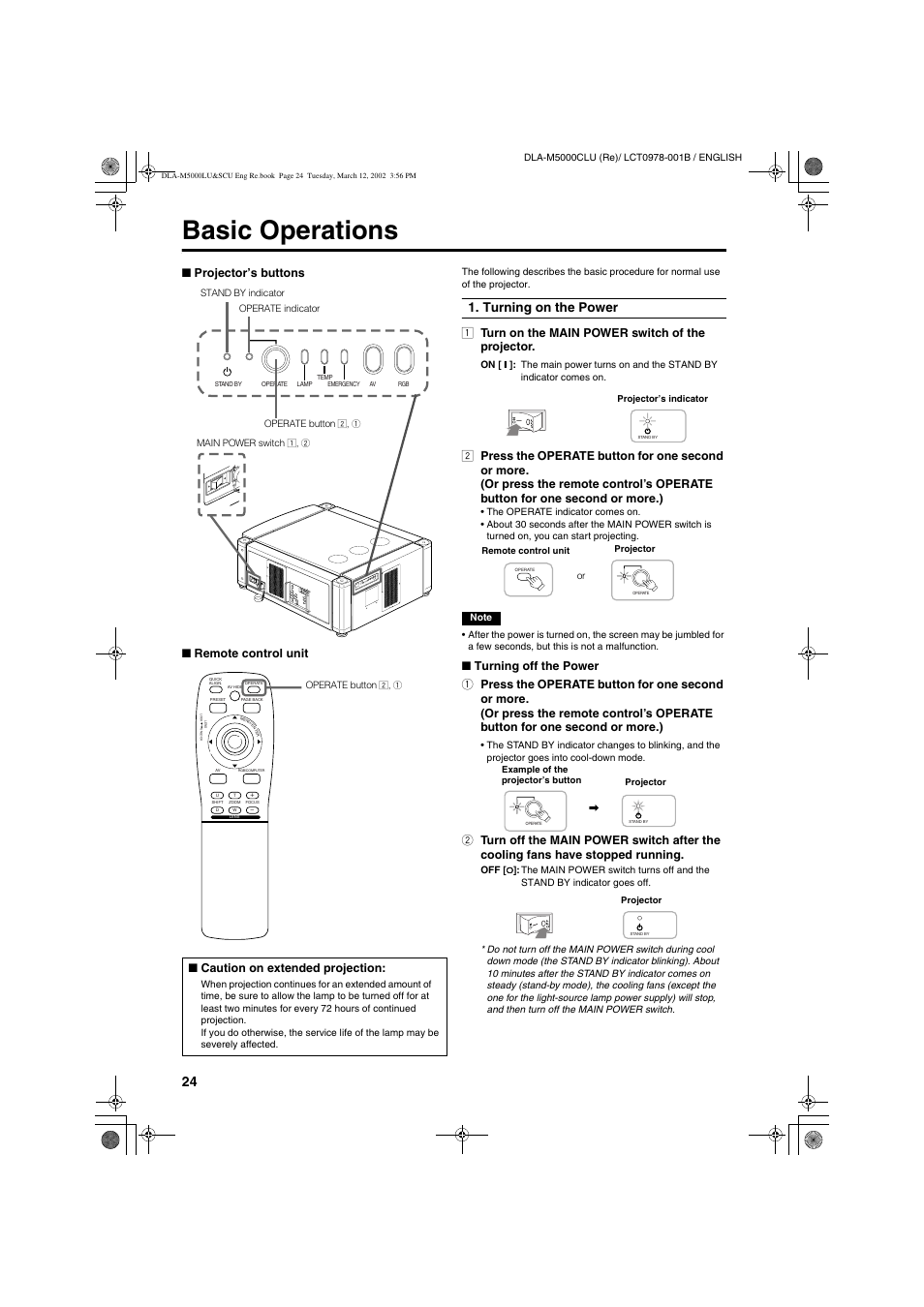 Basic operations, Turning on the power, Projector’s buttons ■ remote control unit | Caution on extended projection | JVC DLA-M5000LU User Manual | Page 24 / 68