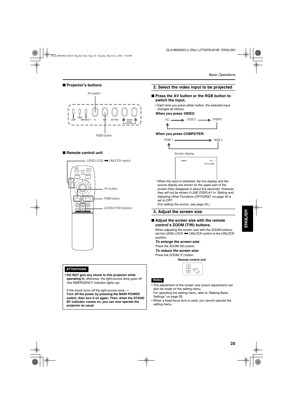 Engli s h deutsh fran ç ais italiano espa ñ ol, Select the video input to be projected, Adjust the screen size | Projector’s buttons ■ remote control unit | JVC DLA-M5000LU User Manual | Page 25 / 68