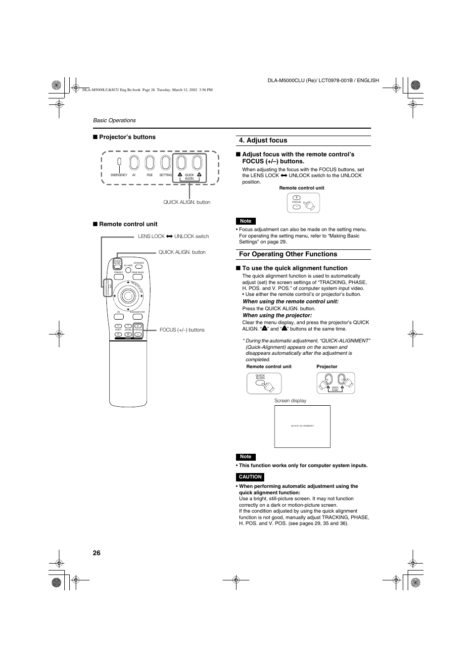 Adjust focus, For operating other functions, Projector’s buttons ■ remote control unit | JVC DLA-M5000LU User Manual | Page 26 / 68