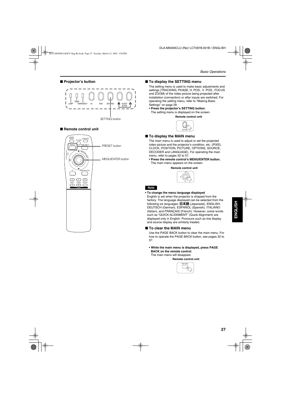 Engli s h deutsh fran ç ais italiano espa ñ ol, Basic operations | JVC DLA-M5000LU User Manual | Page 27 / 68