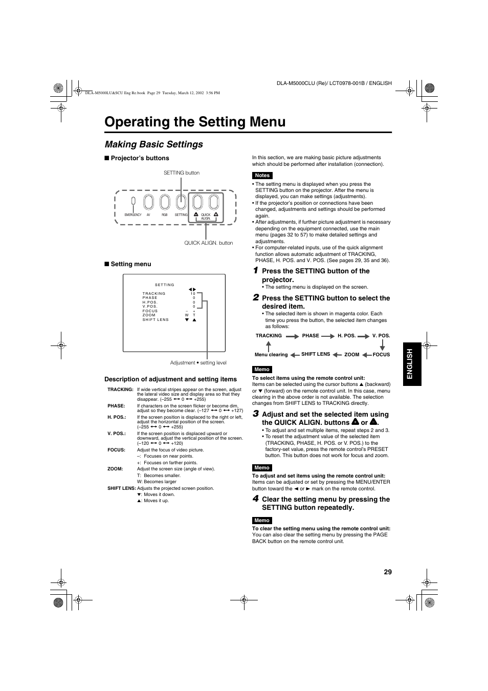 Operating the setting menu, Making basic settings | JVC DLA-M5000LU User Manual | Page 29 / 68