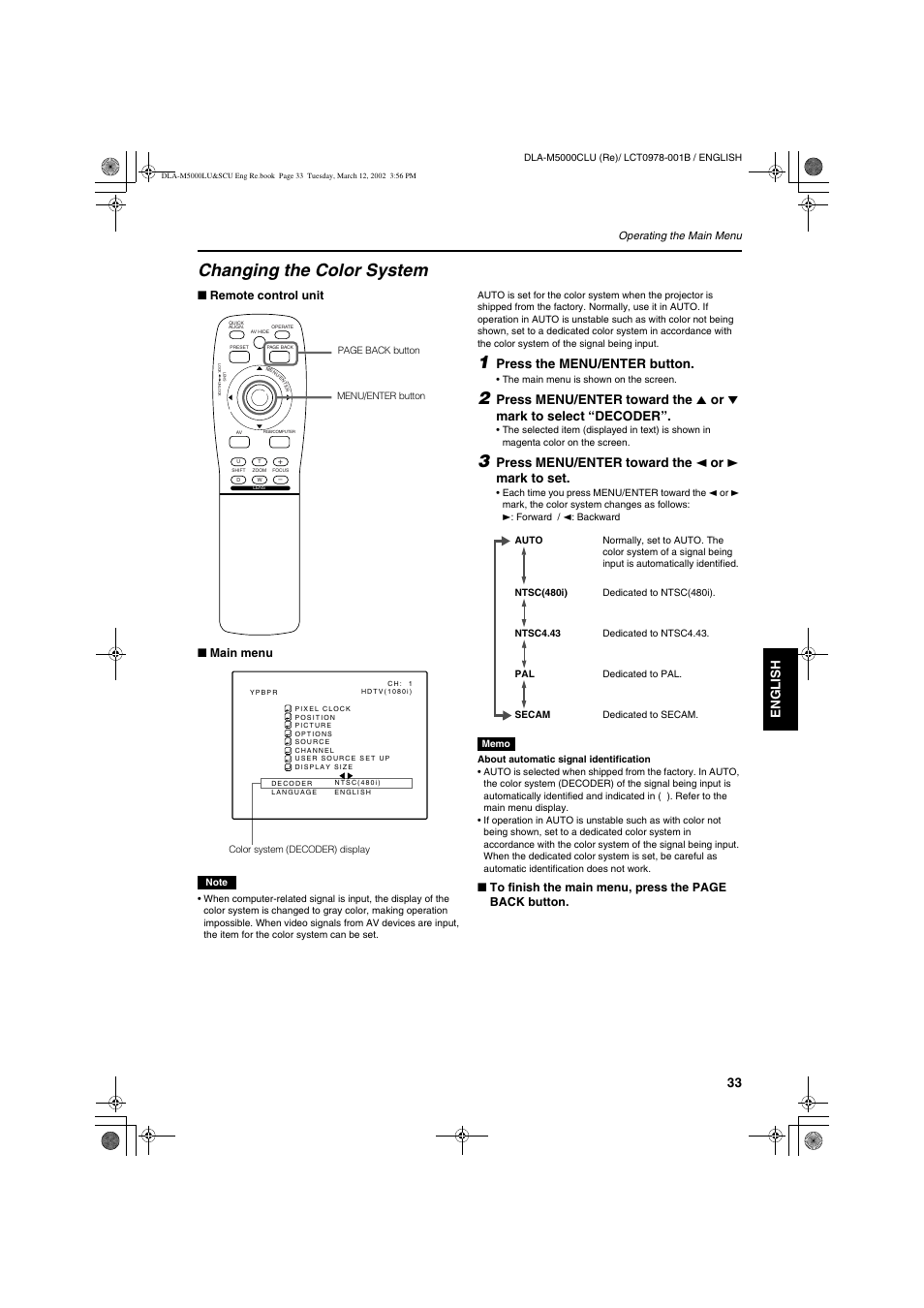 Changing the color system, Engli s h deutsh fran ç ais italiano espa ñ ol, Press the menu/enter button | Press menu/enter toward the 2 or 3 mark to set | JVC DLA-M5000LU User Manual | Page 33 / 68