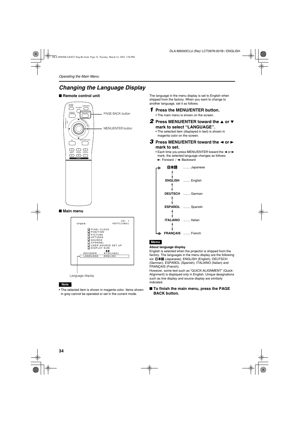 Changing the language display, Press the menu/enter button, Press menu/enter toward the 2 or 3 mark to set | JVC DLA-M5000LU User Manual | Page 34 / 68