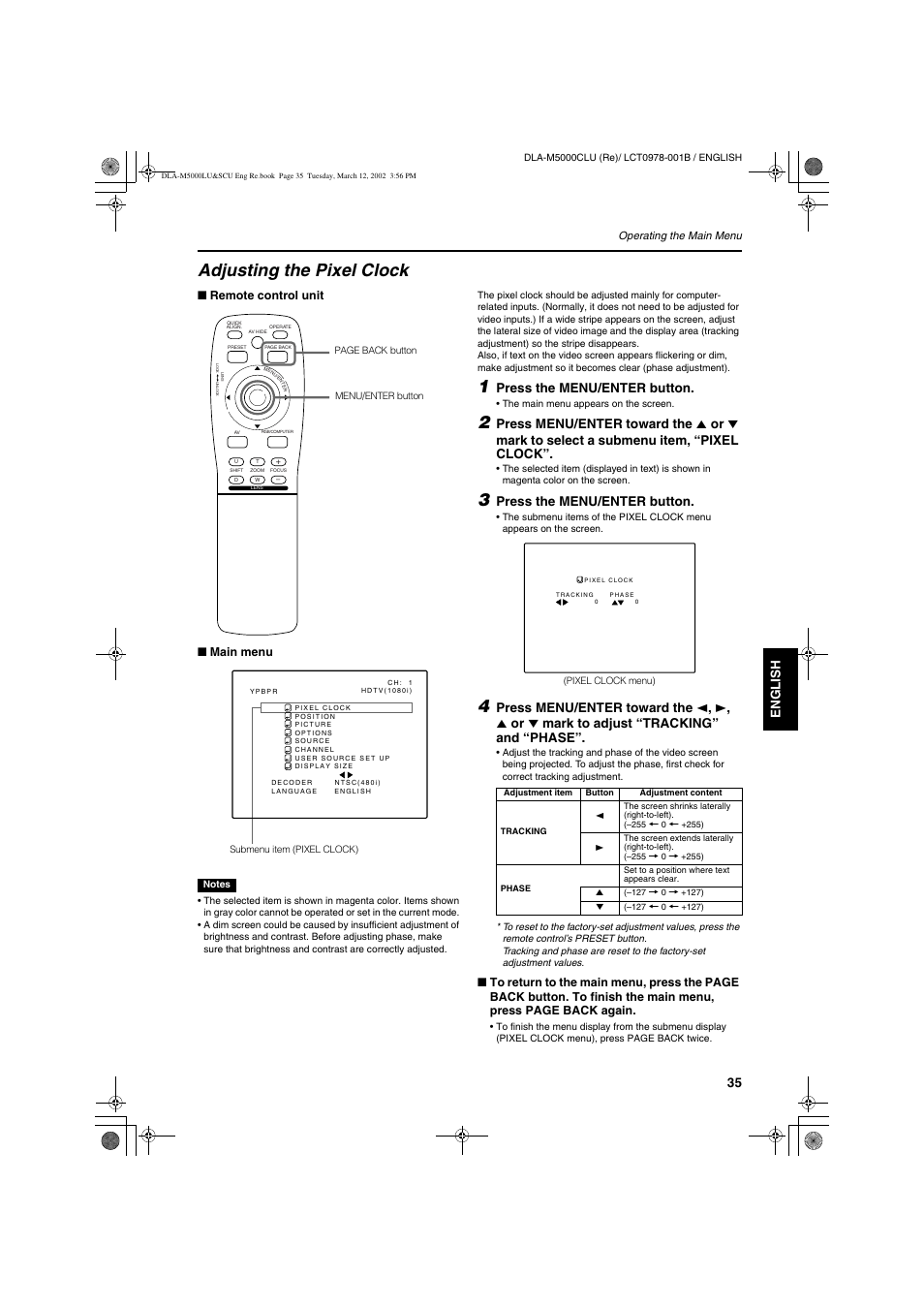 Adjusting the pixel clock, Engli s h deutsh fran ç ais italiano espa ñ ol, Press the menu/enter button | JVC DLA-M5000LU User Manual | Page 35 / 68
