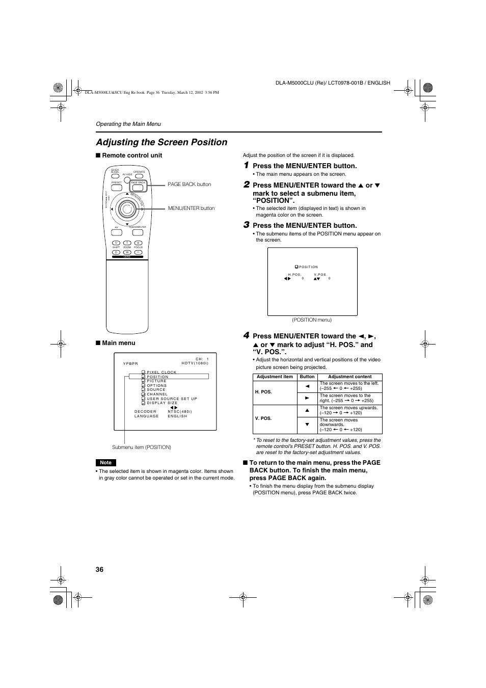 Adjusting the screen position, Press the menu/enter button | JVC DLA-M5000LU User Manual | Page 36 / 68