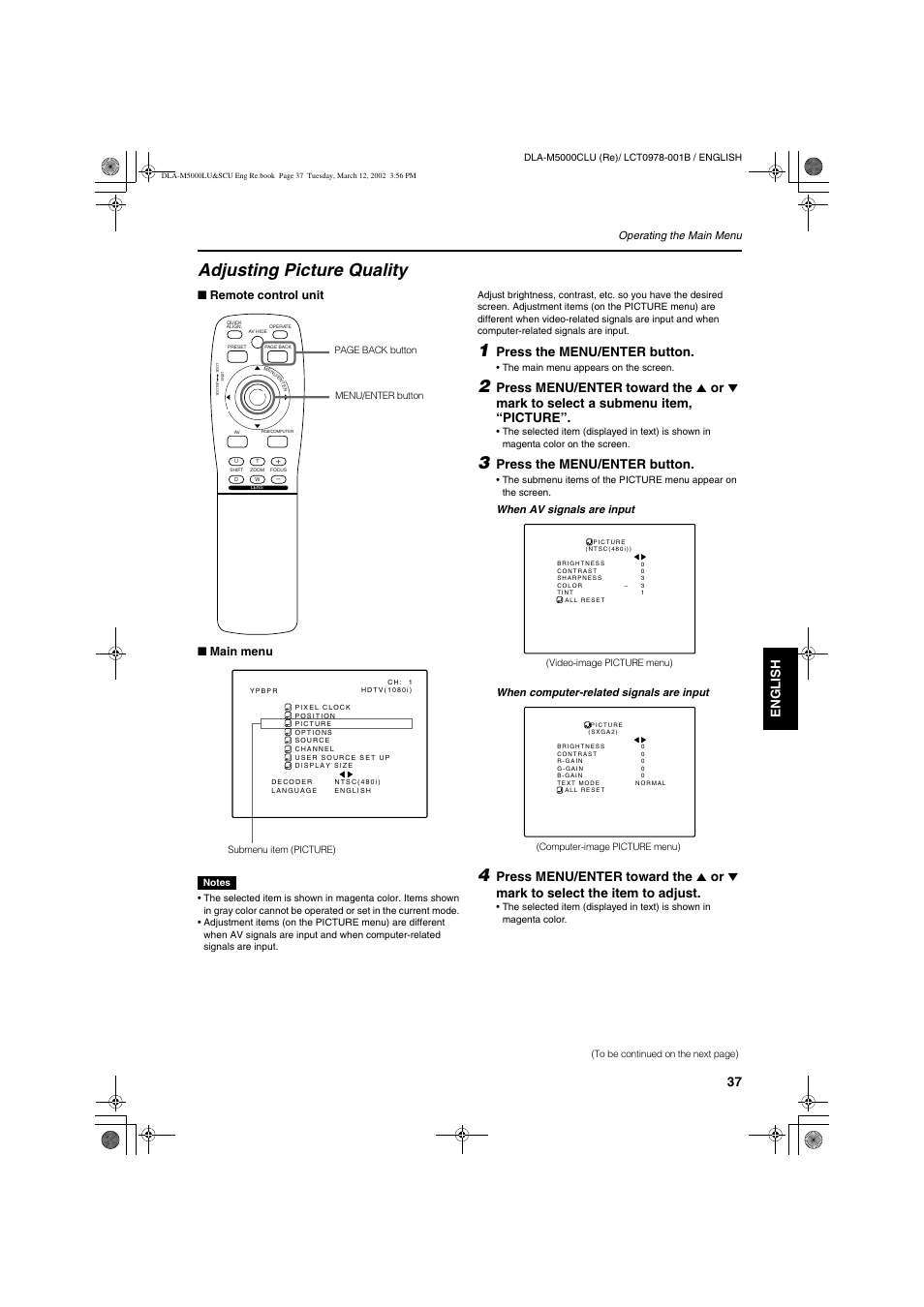 Adjusting picture quality, Engli s h deutsh fran ç ais italiano espa ñ ol, Press the menu/enter button | JVC DLA-M5000LU User Manual | Page 37 / 68