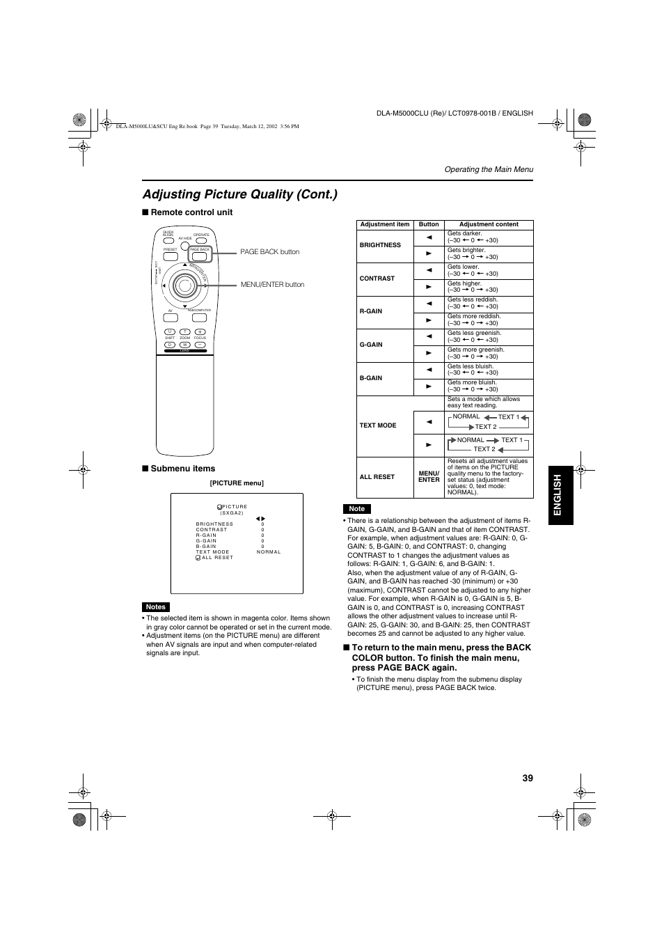 Adjusting picture quality (cont.), Engli s h deutsh fran ç ais italiano espa ñ ol | JVC DLA-M5000LU User Manual | Page 39 / 68