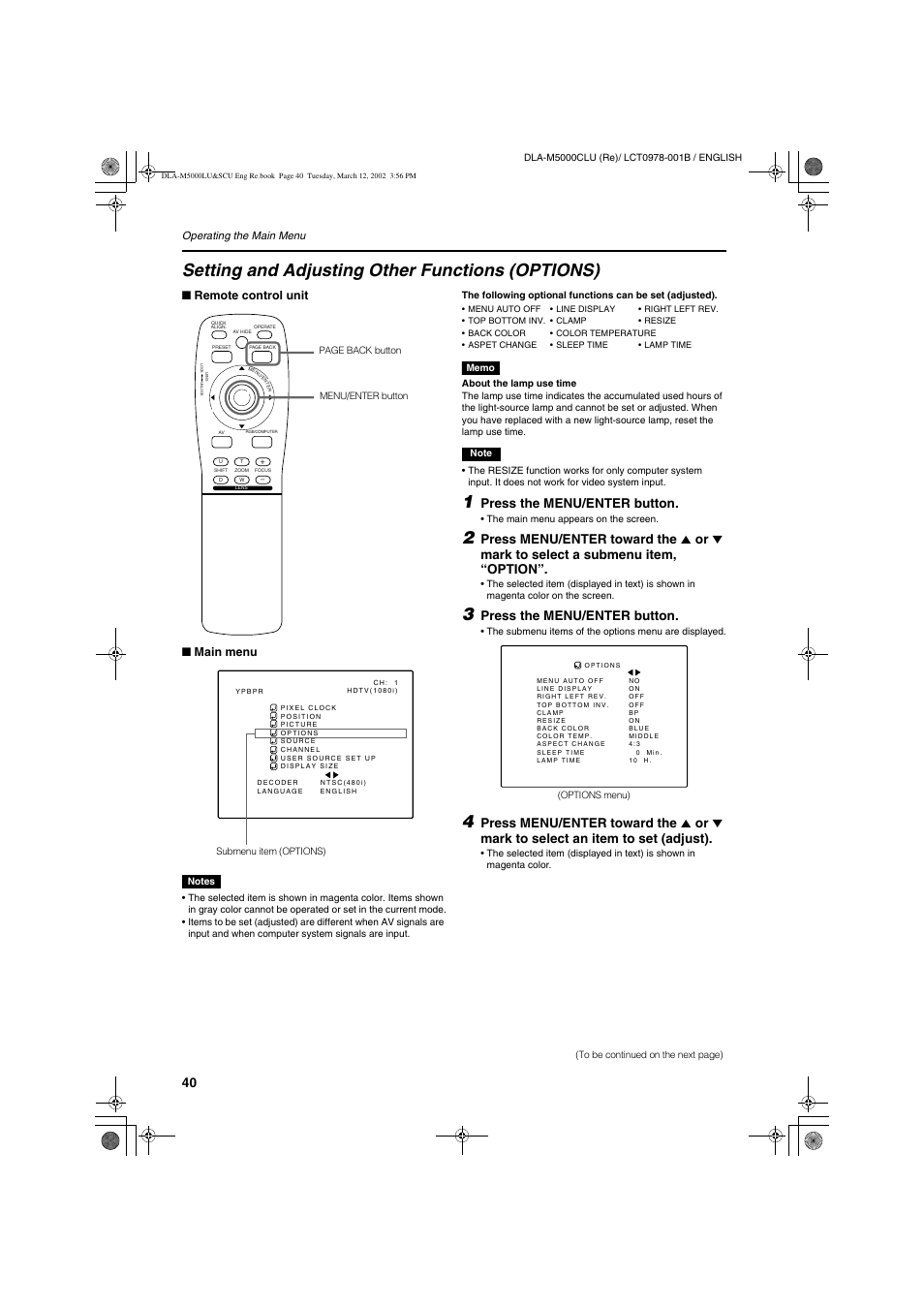 Setting and adjusting other functions (options), Press the menu/enter button | JVC DLA-M5000LU User Manual | Page 40 / 68