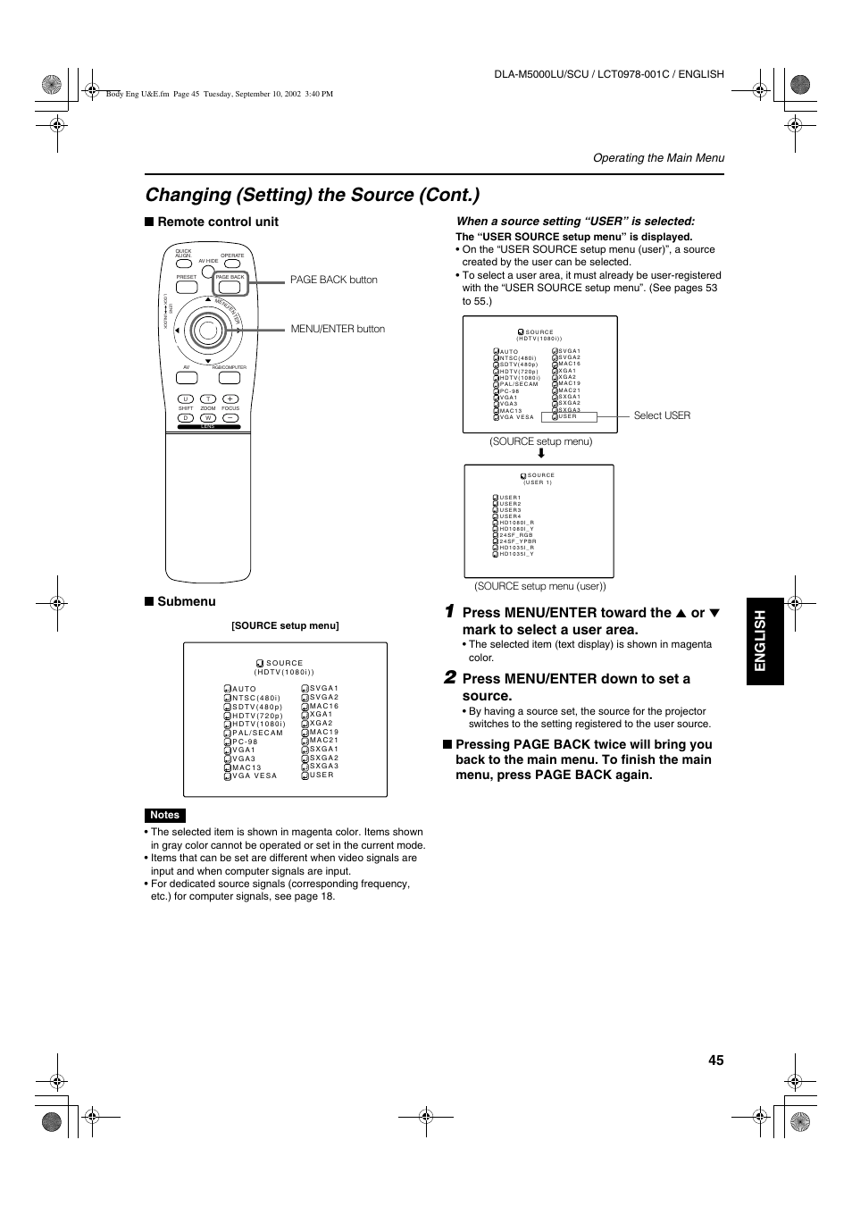 Changing (setting) the source (cont.), Engli s h deutsh français italiano español, Press menu/enter down to set a source | Remote control unit ■ submenu | JVC DLA-M5000LU User Manual | Page 45 / 68
