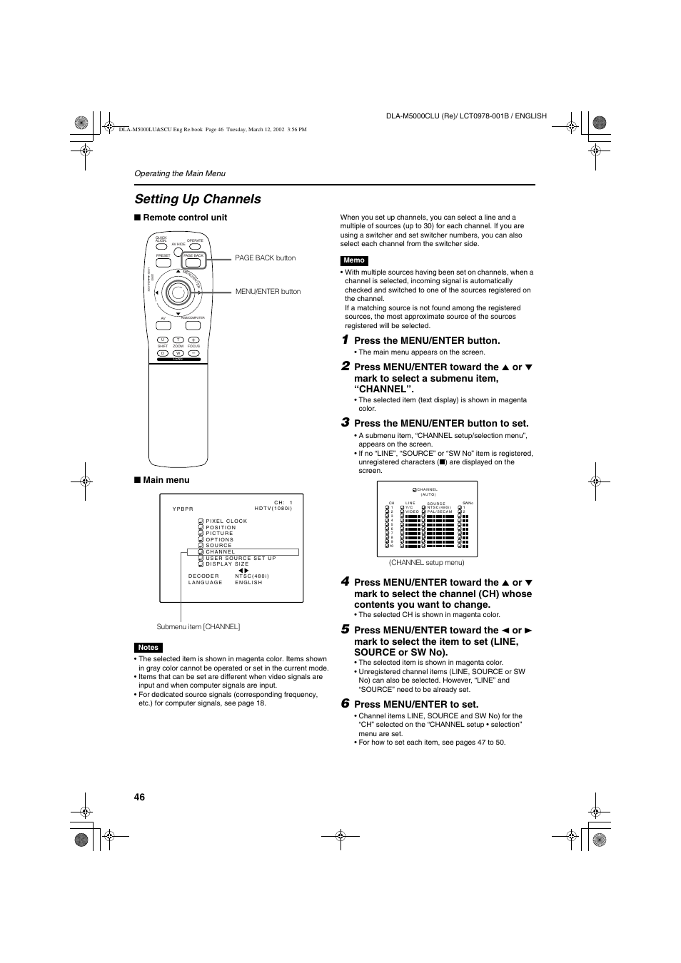 Setting up channels, Press the menu/enter button, Press the menu/enter button to set | Press menu/enter to set | JVC DLA-M5000LU User Manual | Page 46 / 68