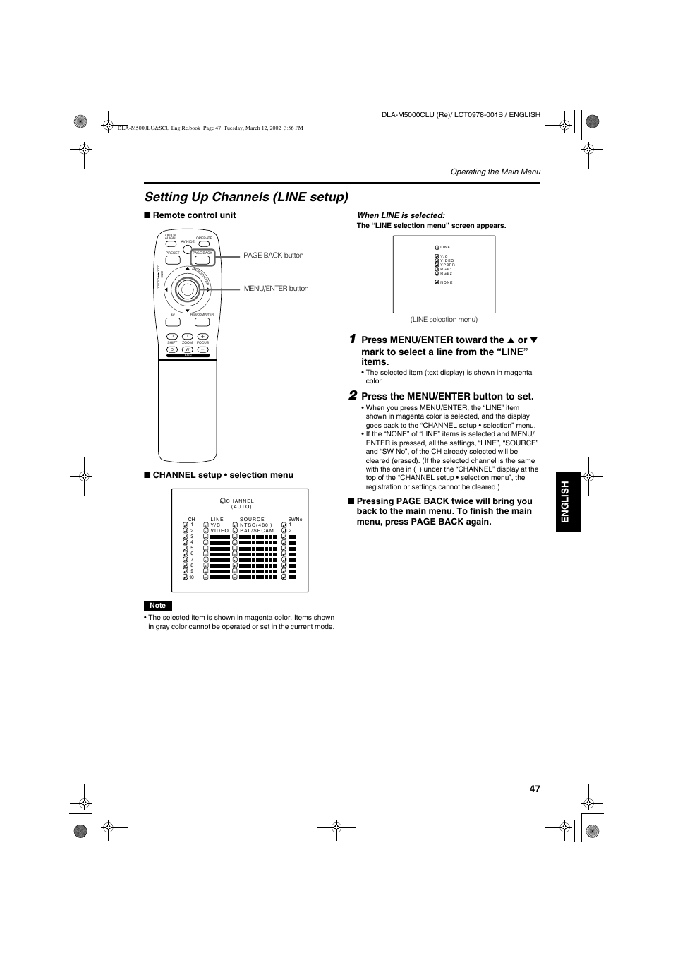 Setting up channels (line setup), Engli s h deutsh fran ç ais italiano espa ñ ol, Press the menu/enter button to set | JVC DLA-M5000LU User Manual | Page 47 / 68