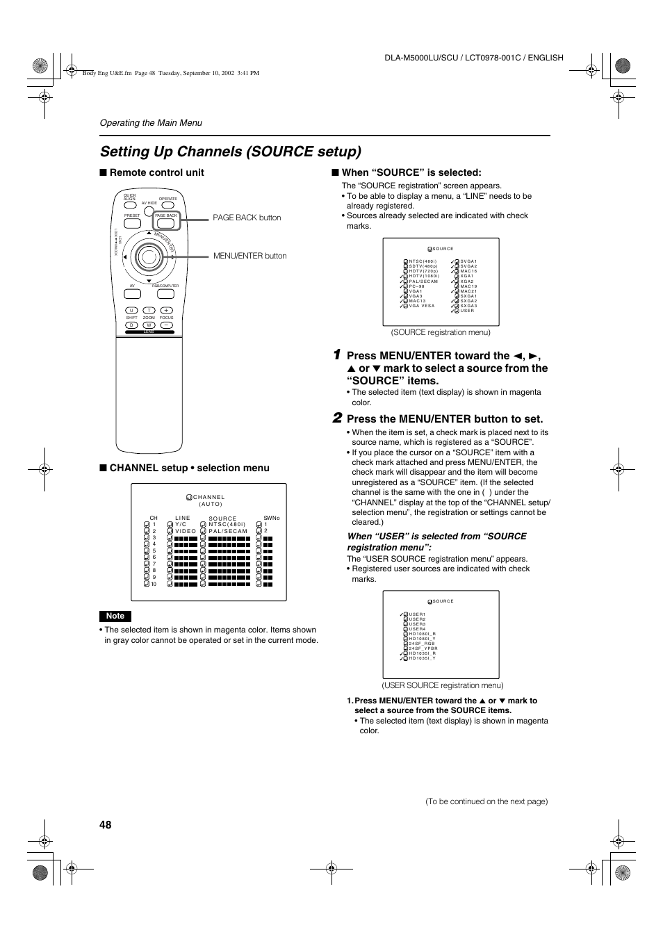 Setting up channels (source setup), Press the menu/enter button to set, When “source” is selected | JVC DLA-M5000LU User Manual | Page 48 / 68