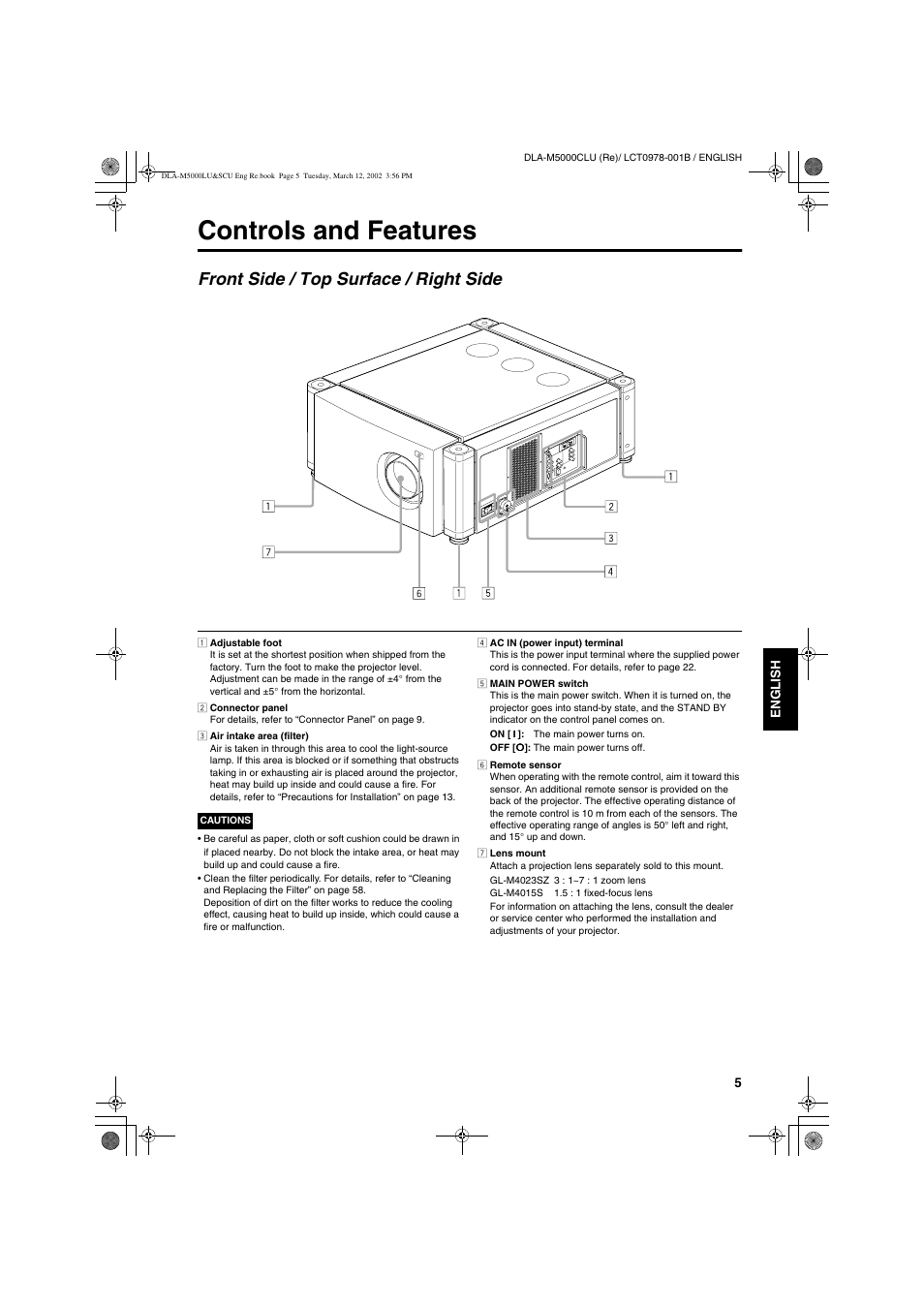 Controls and features, Front side / top surface / right side | JVC DLA-M5000LU User Manual | Page 5 / 68