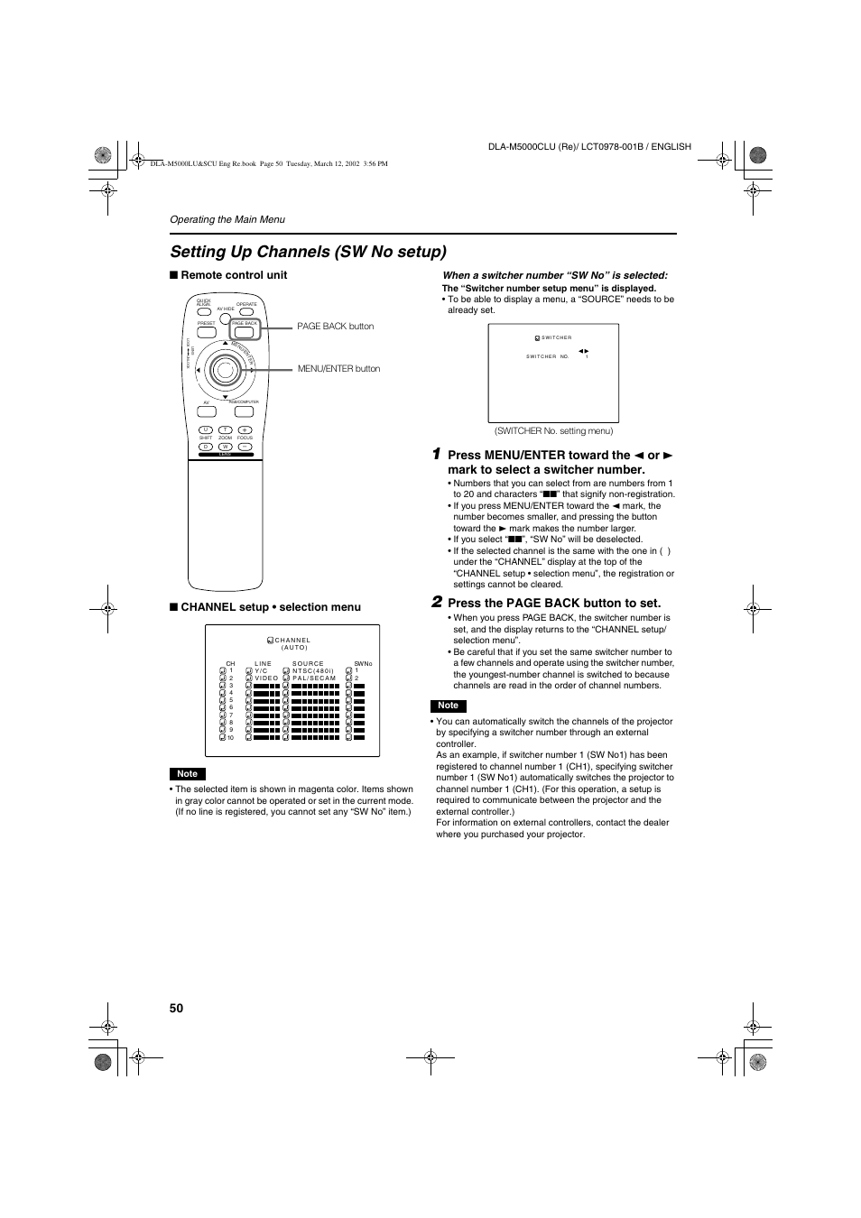 Setting up channels (sw no setup), Press the page back button to set | JVC DLA-M5000LU User Manual | Page 50 / 68